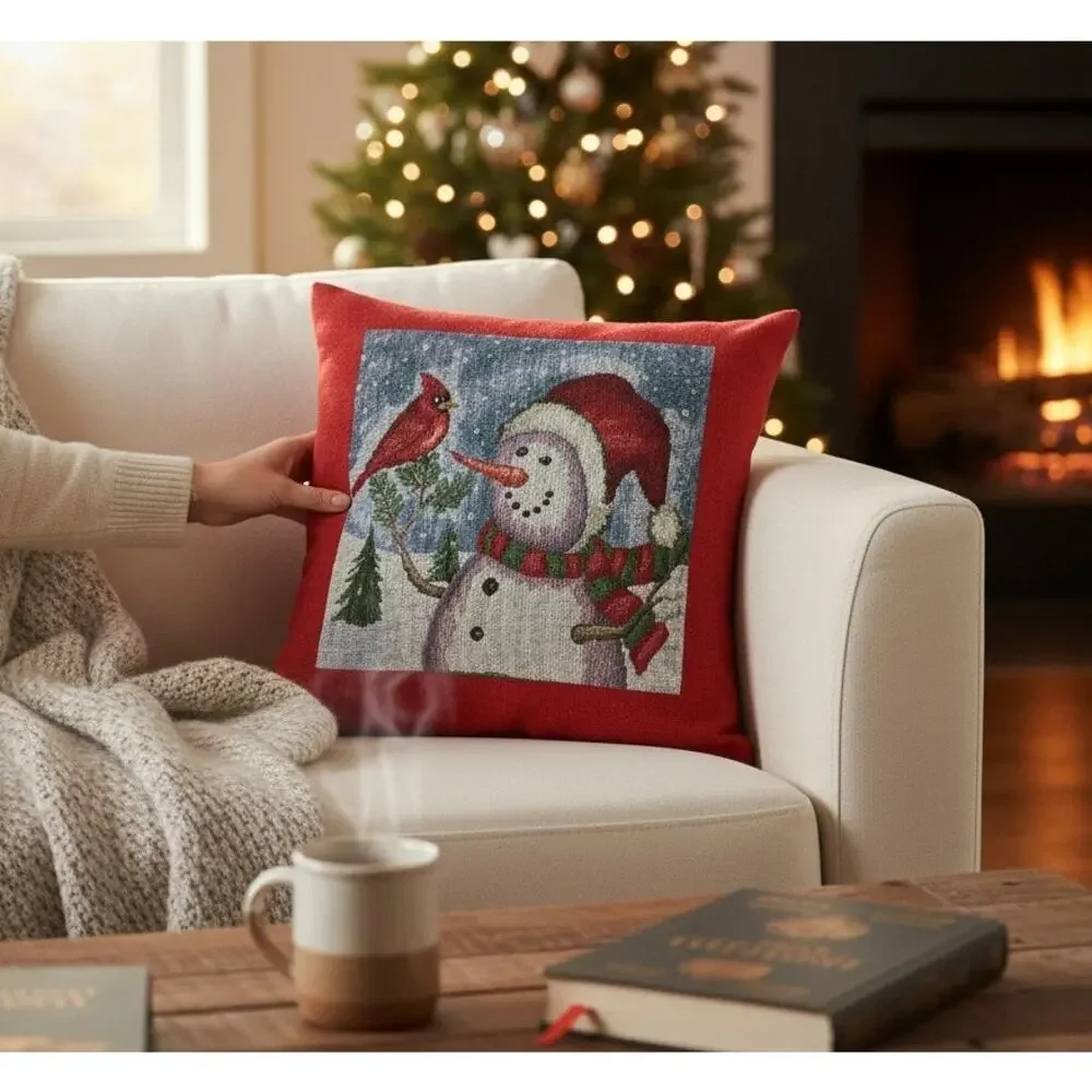 🐦☃️❄️Vintage Snowman Cardinal Christmas Throw Pillow Red Gingham Reversible 15